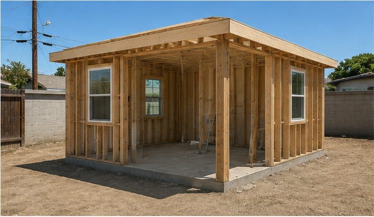 The One Bedroom framed on its slab, windows in