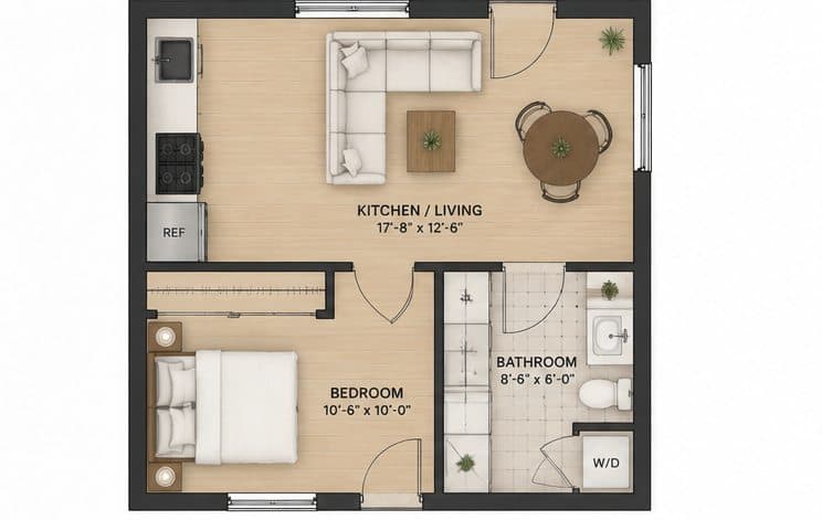 The One Bedroom floor plan drawn for the lot