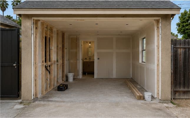 Garage interior framed, insulated, and drywalled during conversion
