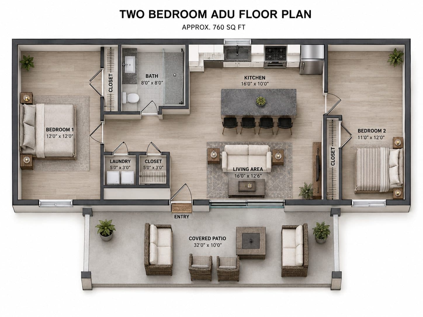 The Two Bedroom floor plan drawn for the lot